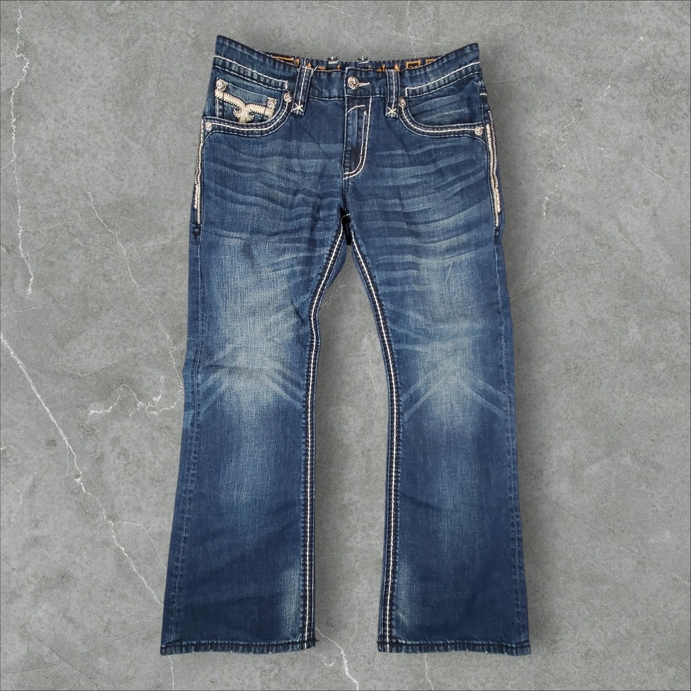 Rock Revival Selvin Slim Boot Jeans Mens 36x32 Blue Heavy Stitch Embroidered